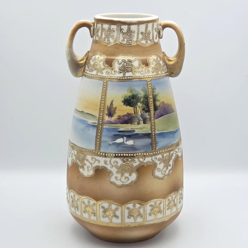 Antique Nippon Moriage Vase • 12.5” Hand Painted 1900–1910 Japanese Amphora